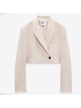 Zara Cropped Nude Beige Soft Blazer Suit Jacket Relaxed Fit Bloggers Fave S
